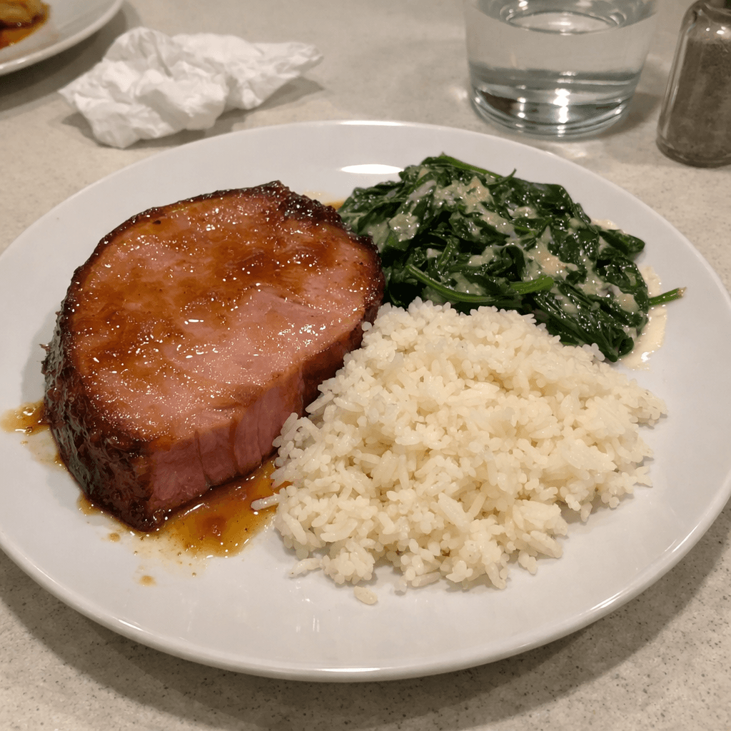Jambon glacé à l'érable, épinards sautés à la crème et riz jasmin