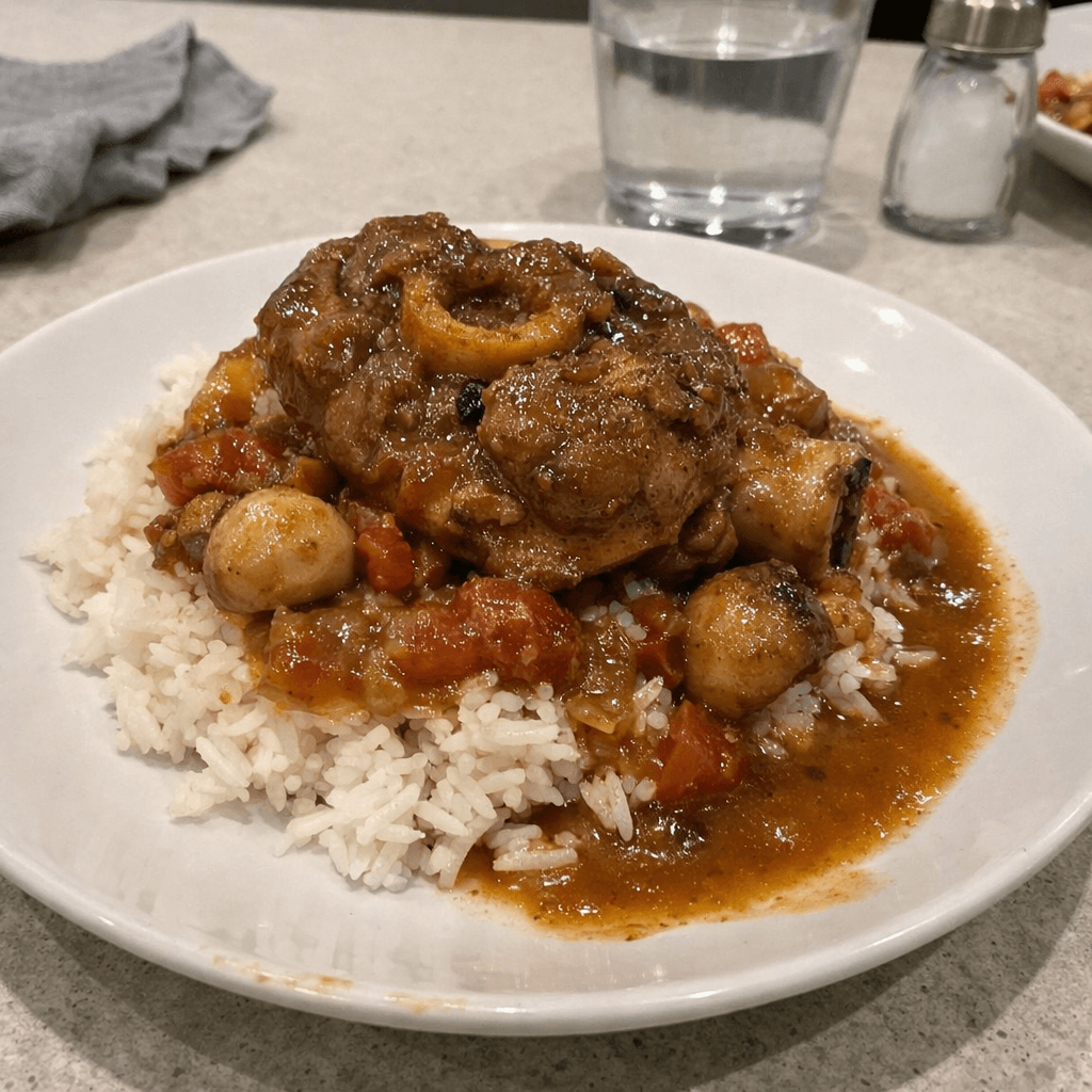 Jarret de porc braisé à la bière et aux oignons sur riz jasmin