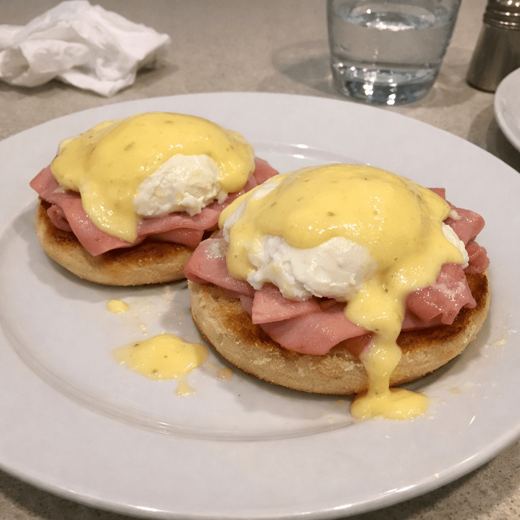 Muffins anglais au jambon, oeuf poché et sauce hollandaise express