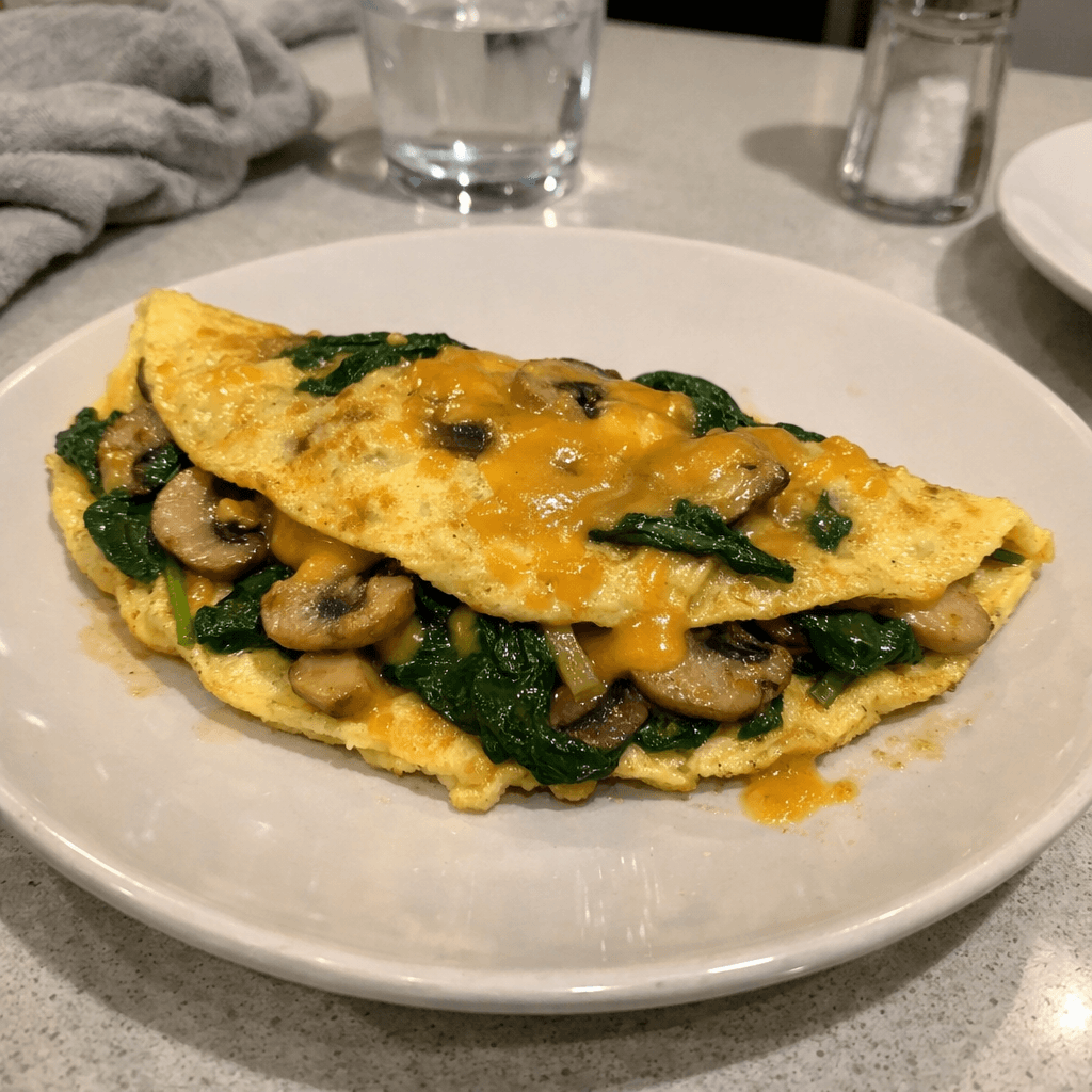 Omelette aux épinards, champignons et cheddar fort