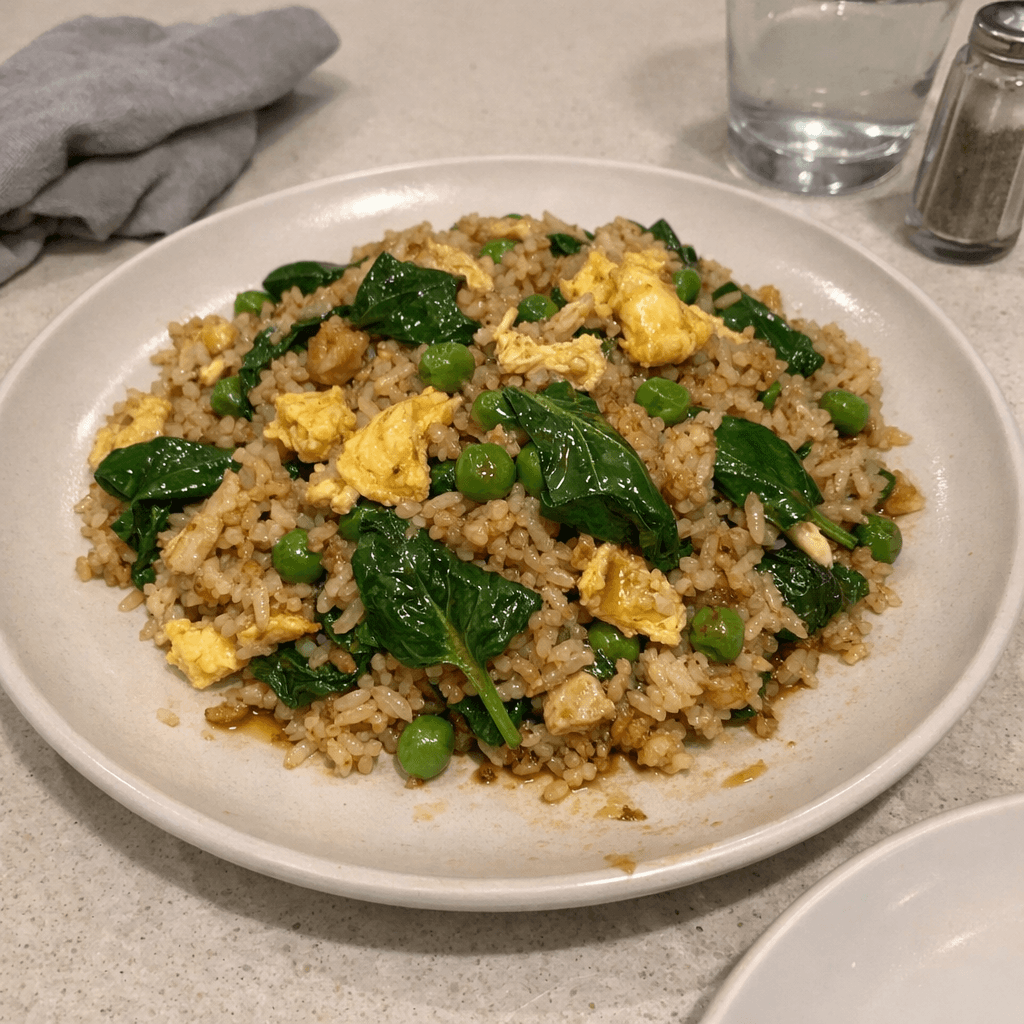 Riz frit aux oeufs, pois et épinards à la sauce soja