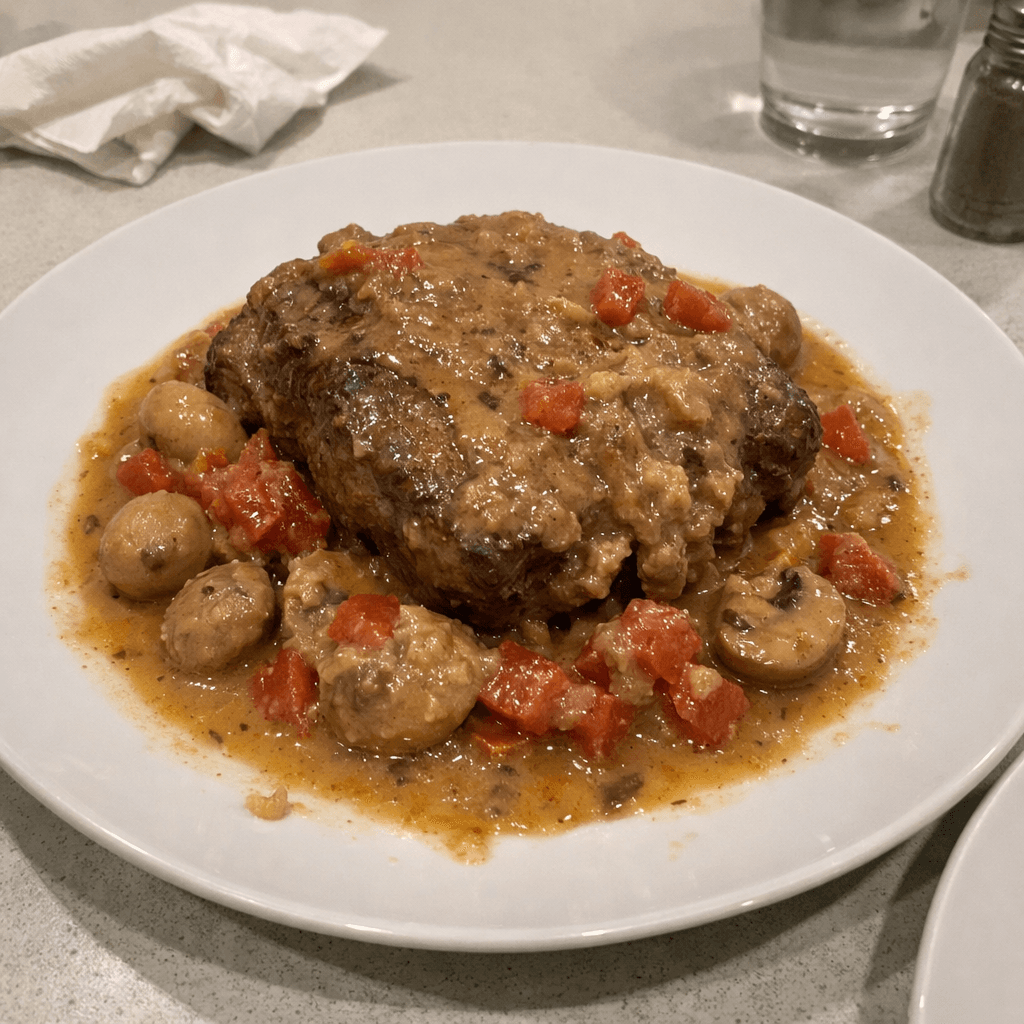Rôti de palette braisé aux champignons et tomates