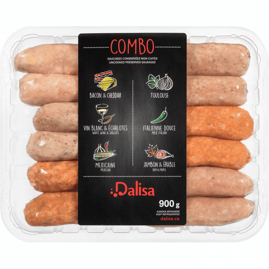 Combinaison de saucisses de porc dalisa, 900 g ou saucisses porc et boeuf lafleur 1 kg
