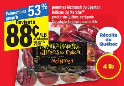Pommes mcintosh ou spartan délices du marché, sac de 4 lb