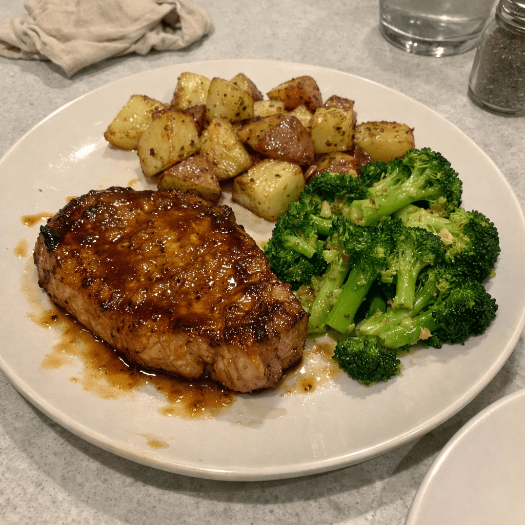 Côtelettes de porc glacées à l'érable avec brocoli et pommes de terre rôties