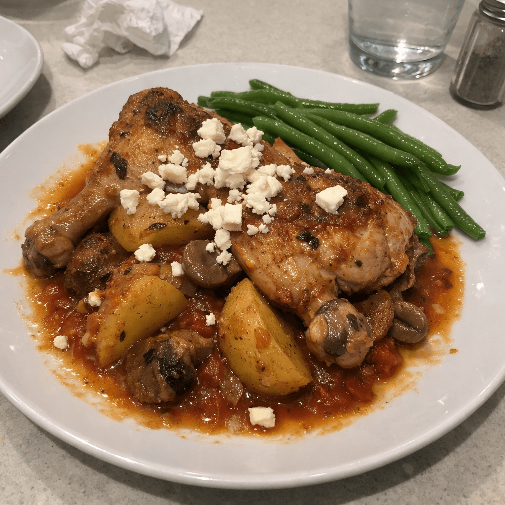 Cuisses de poulet braisées à la méditerranéenne, pommes de terre fondantes et feta