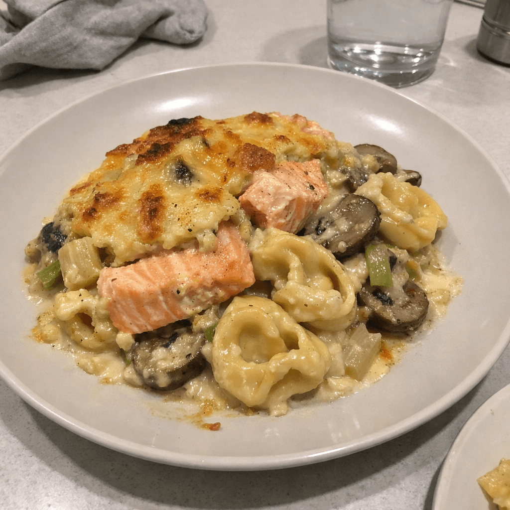 Gratin de tortellini au saumon, poireaux et champignons crémeux