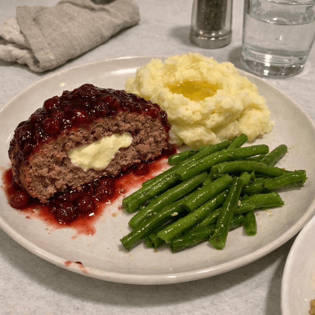 Pain de viande farci au Philadelphia, glaçage canneberges et purée de pommes de terre