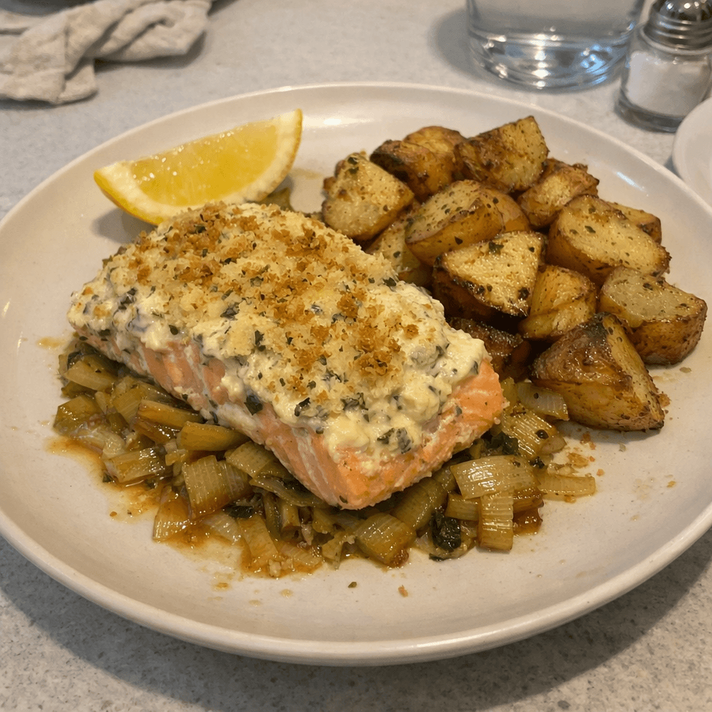 Saumon en croûte de Boursin, poireaux caramélisés et pommes de terre rôties