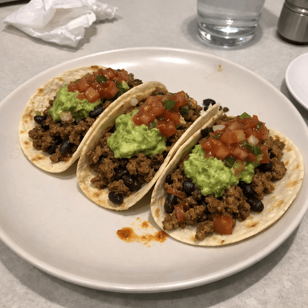 Tacos de bœuf haché épicé avec guacamole express et salsa maison