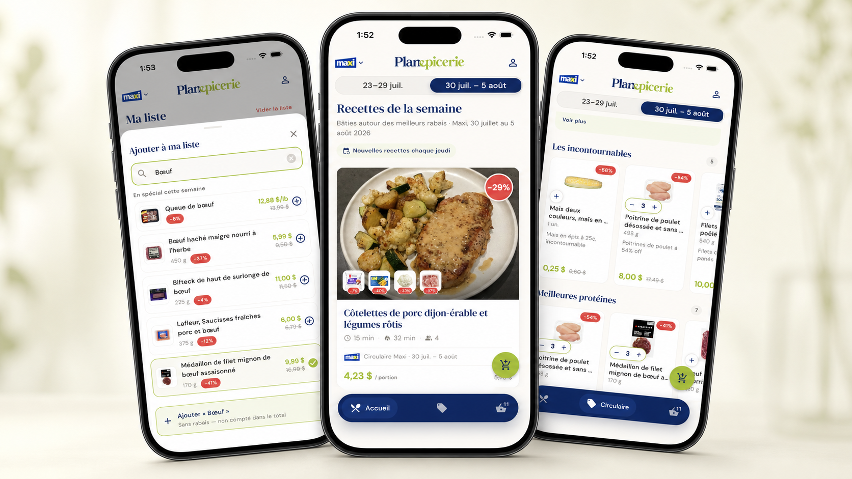 Aperçu de l'application Planepicerie sur trois téléphones