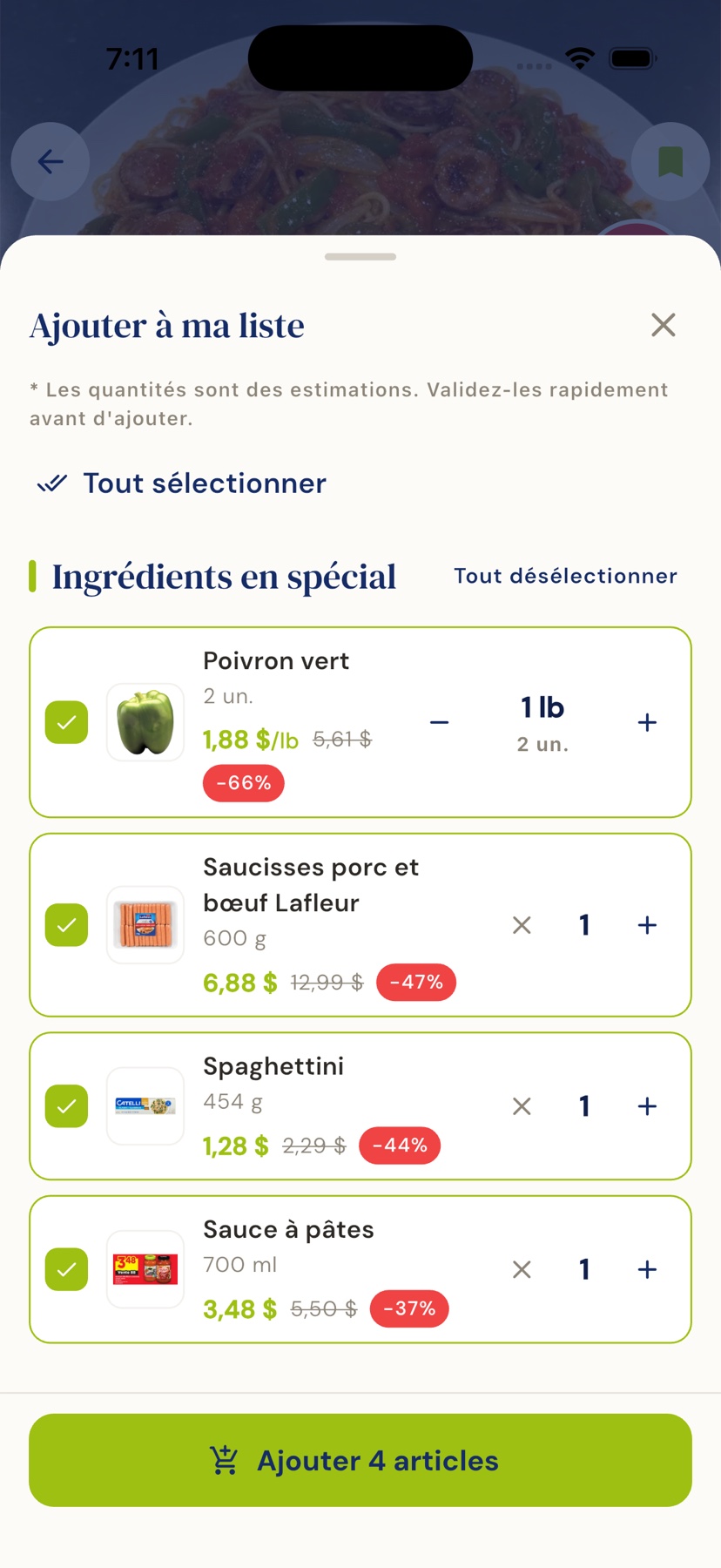 Ajout d'une recette complète dans la liste d'épicerie Planépicerie