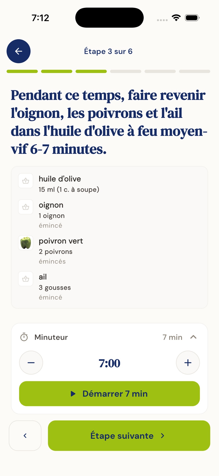 Mode cuisson étape par étape avec quantités et minuteur