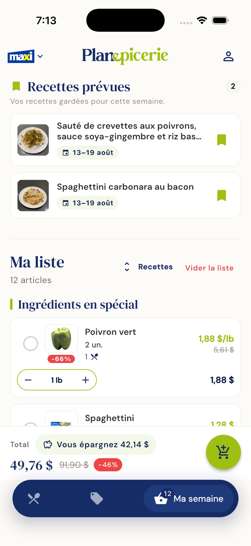 Liste d'épicerie Planépicerie avec total et économies visibles