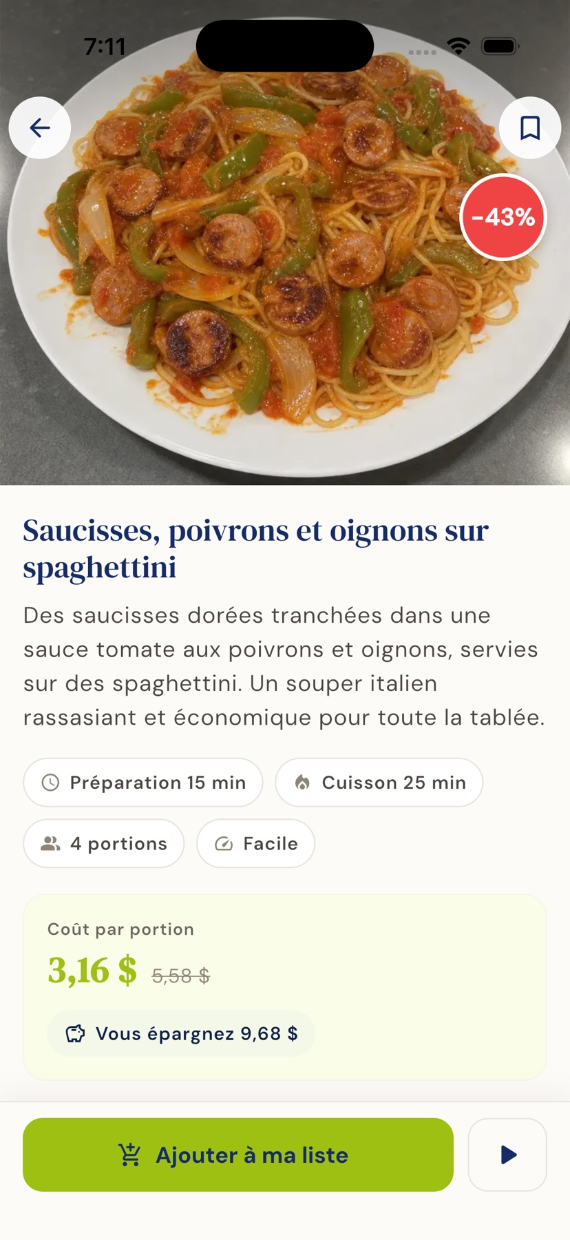 Une recette Planépicerie avec son coût par portion et ses économies